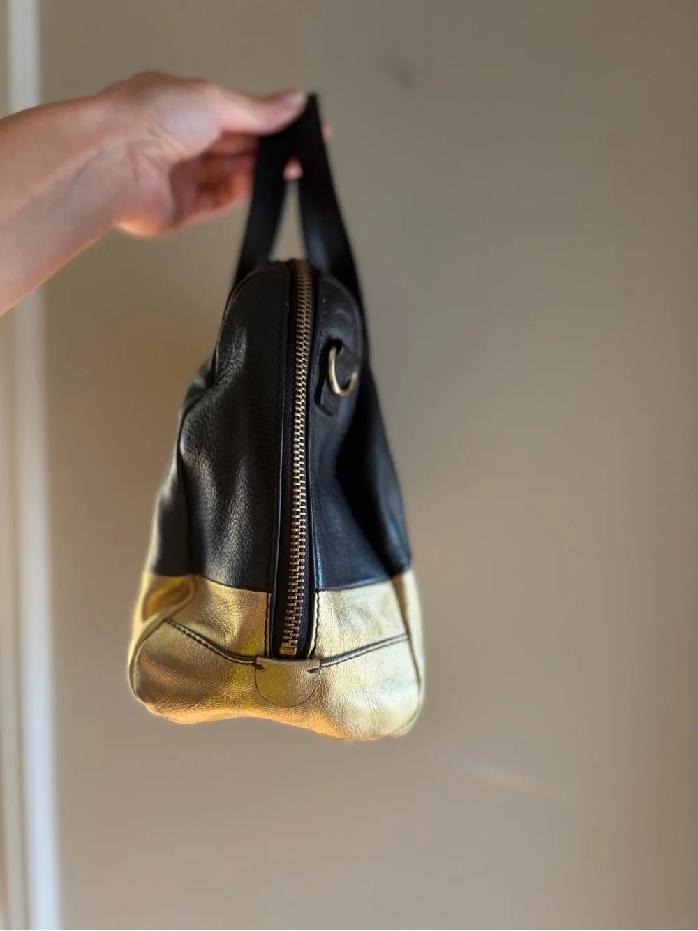 Fossil Black & Gold Colorblock Leather Satchel Bag